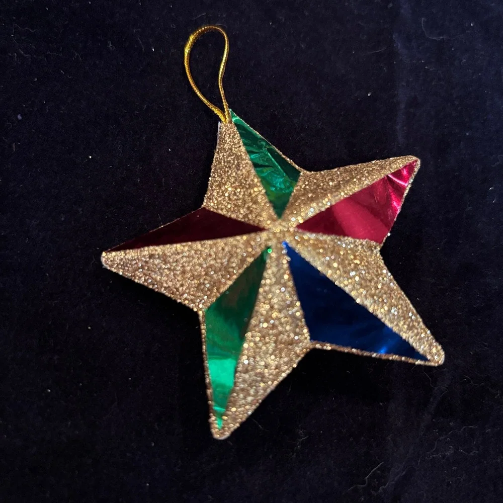 Vintage Glitter Metallic Foil Airplane Train Star Christmas Ornament Set 3pc